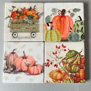 Hand Crafted Glittery Autumn Pumpkin Coasters - Orange and Green